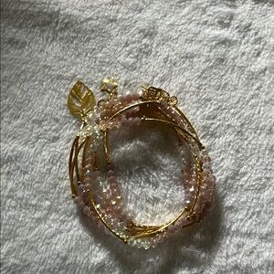 Gold and Pink Nature-Inspired Bracelet with Leaf Accents
